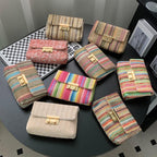 2026 2026 New Rainbow Stripe Straw Shoulder Crossbody Bag for Women Summer Beach Straw Bag with Chain