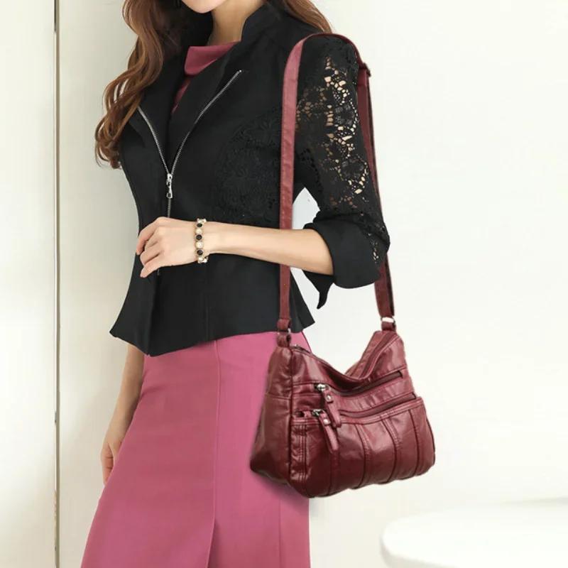 2026 Fashion Soft Leather Crossbody Bags for Women 2026 Casual Female Multi Pocket Messenger Bags Retro