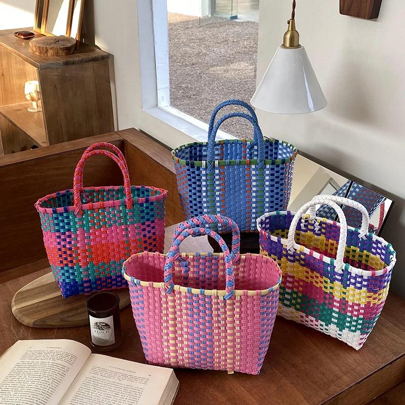 2026 2026 New Vegetable Basket Summer Fashion PVC Handbag Hand Woven Bag Patchwork Striped Tote Beach