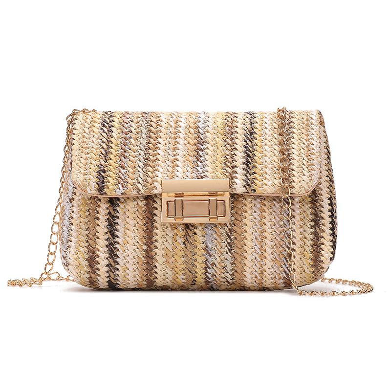 2026 2026 New Rainbow Stripe Straw Shoulder Crossbody Bag for Women Summer Beach Straw Bag with Chain