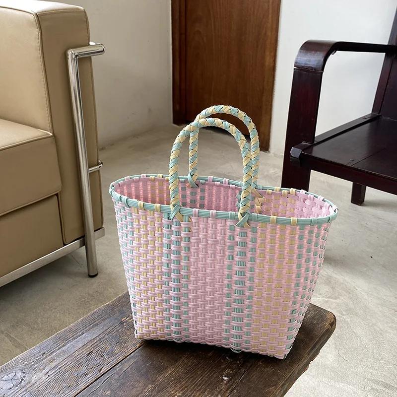 2026 2026 New Vegetable Basket Summer Fashion PVC Handbag Hand Woven Bag Patchwork Striped Tote Beach