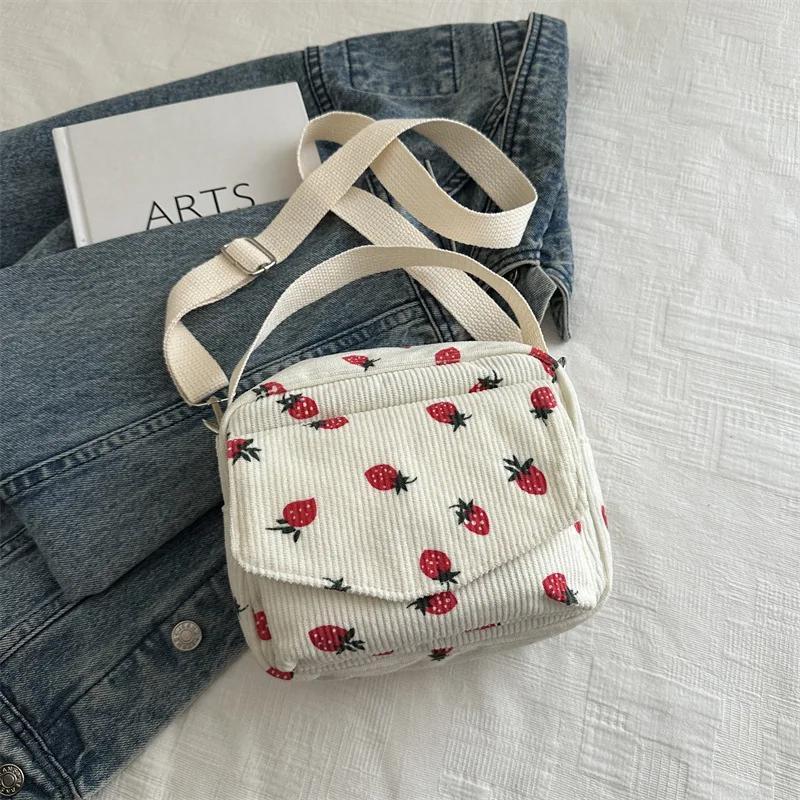 2026 Cute Strawberry Printing Women’s Shoulder Bag Large Capacity Corduroy Hobos Crossbody Bag Female