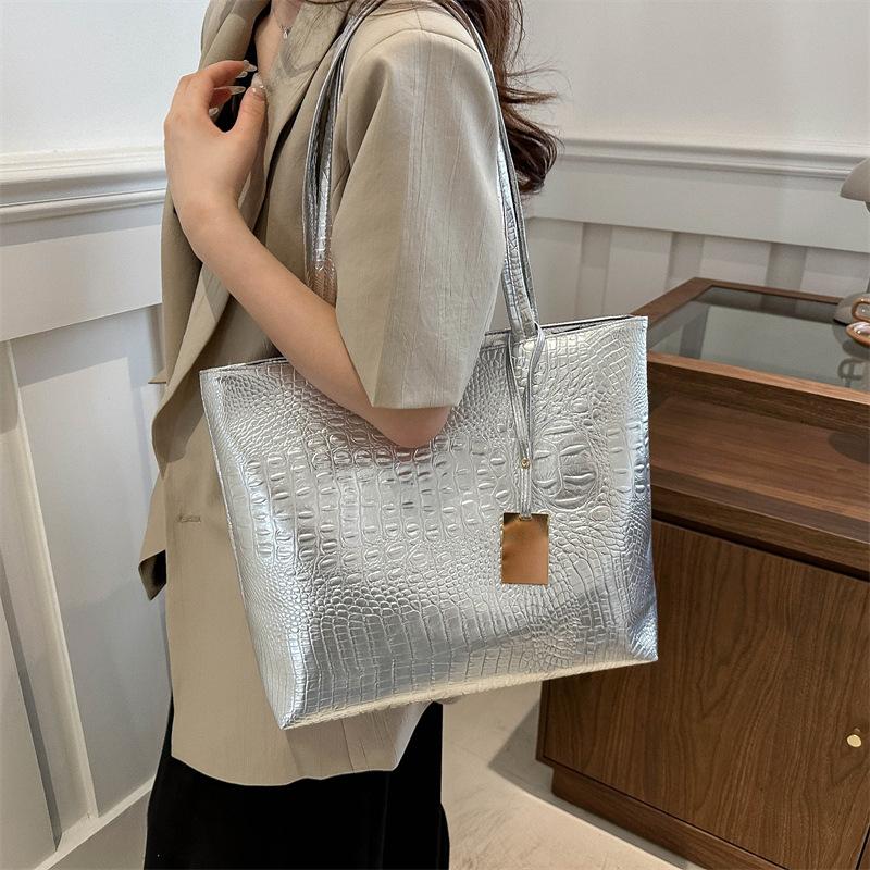 2026 Fashion Casual Women Shoulder Bags Silver Gold Black Crocodile Handbag PU Leather Female Big Tote
