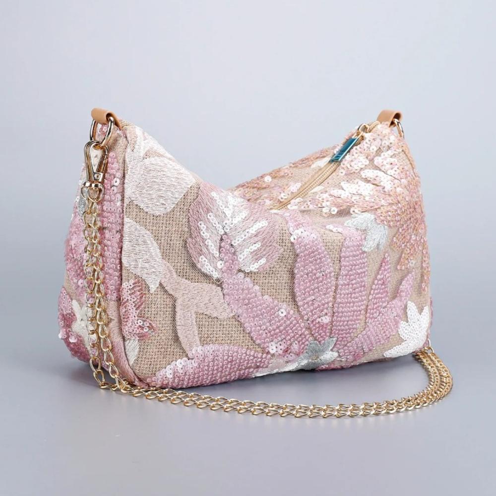 2026 Cute Flower Embroidery Women Shoulder Bags Fashion Sequin Chains Crossbody Bag Summer Casual Beach
