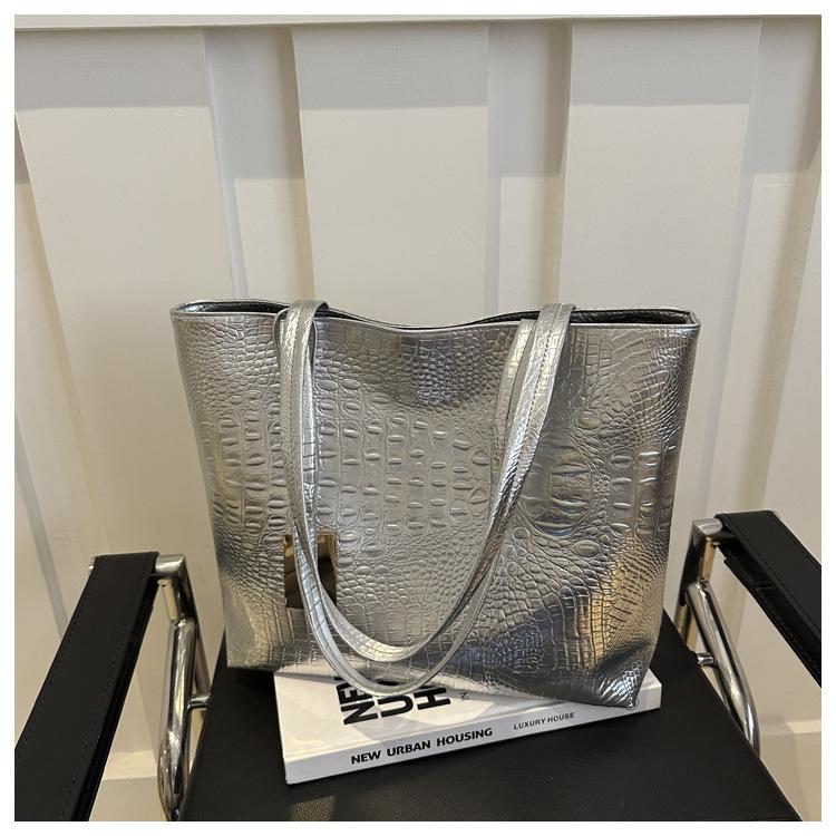 2026 Fashion Casual Women Shoulder Bags Silver Gold Black Crocodile Handbag PU Leather Female Big Tote