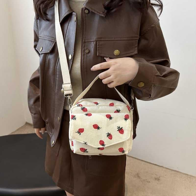 2026 Cute Strawberry Printing Women’s Shoulder Bag Large Capacity Corduroy Hobos Crossbody Bag Female