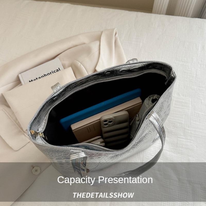 2026 Fashion Casual Women Shoulder Bags Silver Gold Black Crocodile Handbag PU Leather Female Big Tote