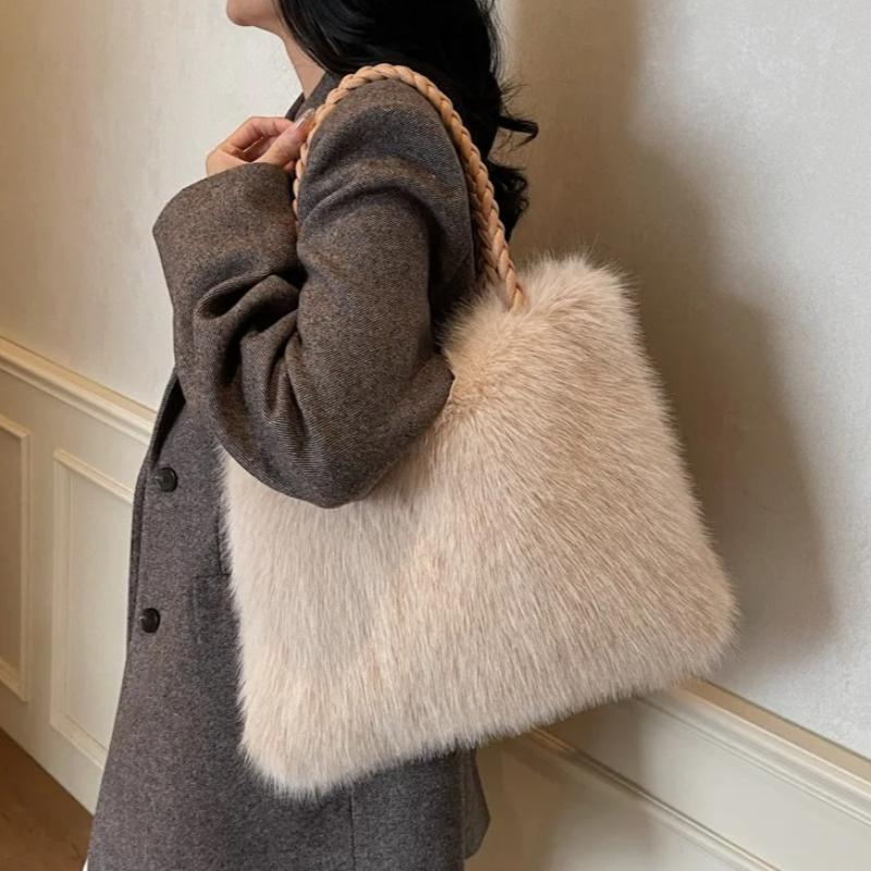 2026 Fashion Women Furry Shoulder Bag Large Capacity Tote Handle Bag for Autumn Winter Outing Commuter