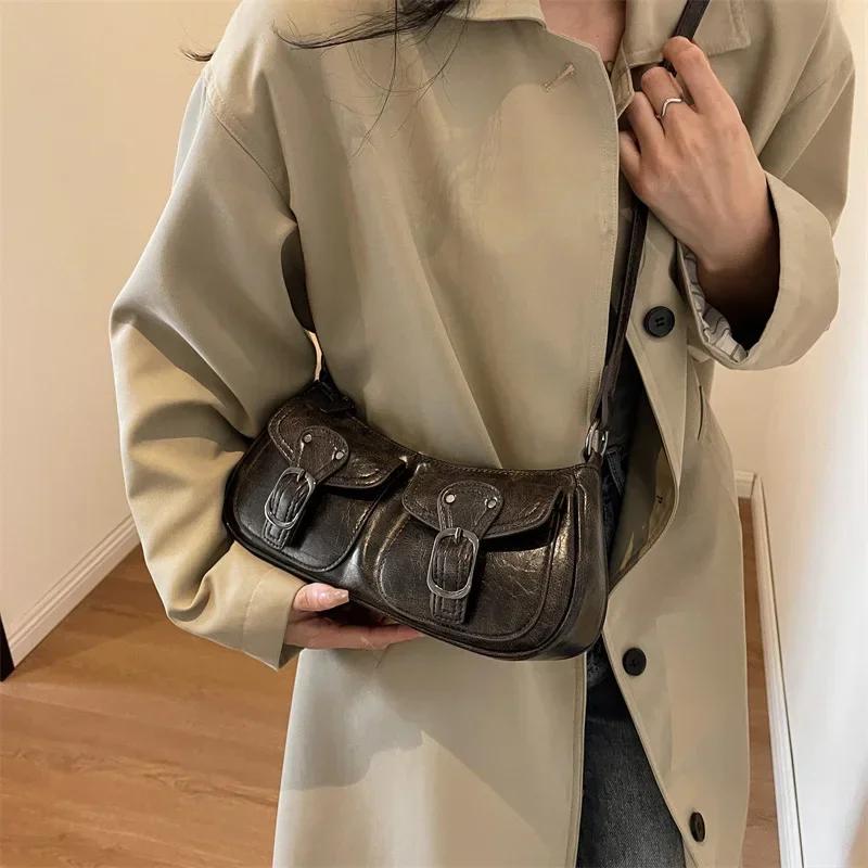 2026 Fashion Double Pockets Design PU Leather Shoulder Bag for Women 2026 Tend Female Crossbody Bag