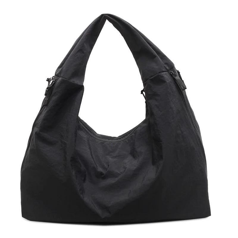 2026 Chic Solid Color Nylon Tote Bag with Multiple Zipper Pockets, Large Capacity Casual Shoulder Bag for