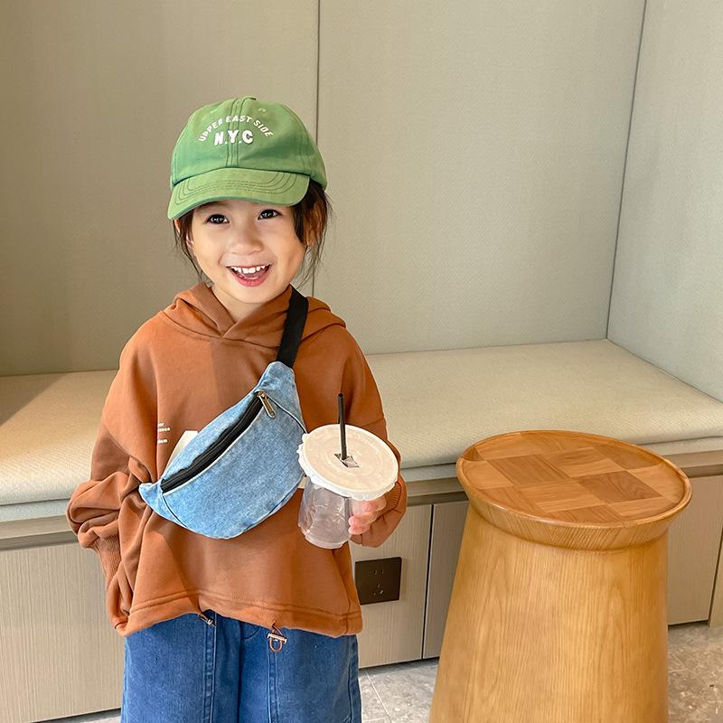 2026 Children's Denim Waist Bag Solid Fashion Zipped Kids Waist Pack Casual Outdoor Sport Bodycross Bag