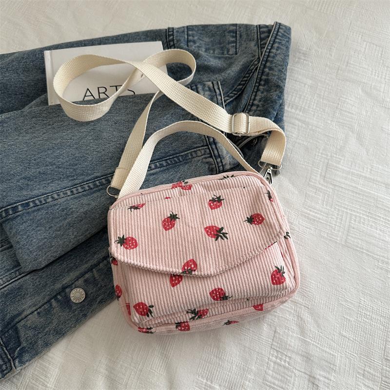 2026 Cute Strawberry Printing Women’s Shoulder Bag Large Capacity Corduroy Hobos Crossbody Bag Female