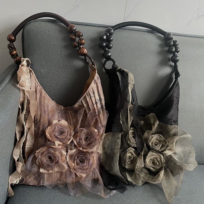 2026 Chinese Style Rose Decor Shoulder Bags Fashion Commuter Tote Bags Classic Pleated Handbags High
