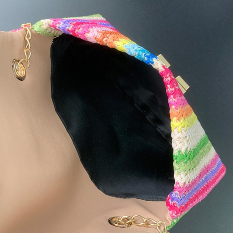 2026 2026 New Rainbow Stripe Straw Shoulder Crossbody Bag for Women Summer Beach Straw Bag with Chain