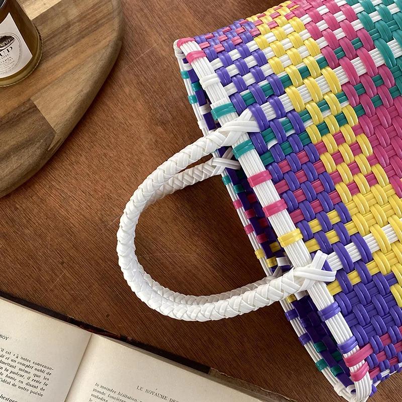 2026 2026 New Vegetable Basket Summer Fashion PVC Handbag Hand Woven Bag Patchwork Striped Tote Beach