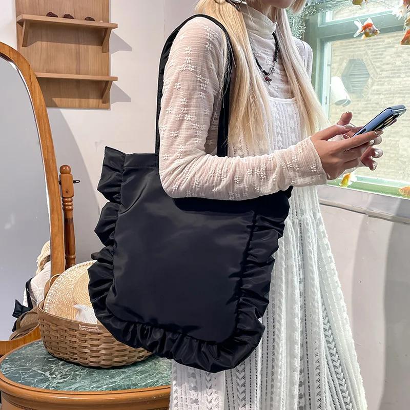 2026 Elegant Ruffled Shoulder Bag For Women Casual Sweet Female Handbag Solid Color Hobo Large Capacity