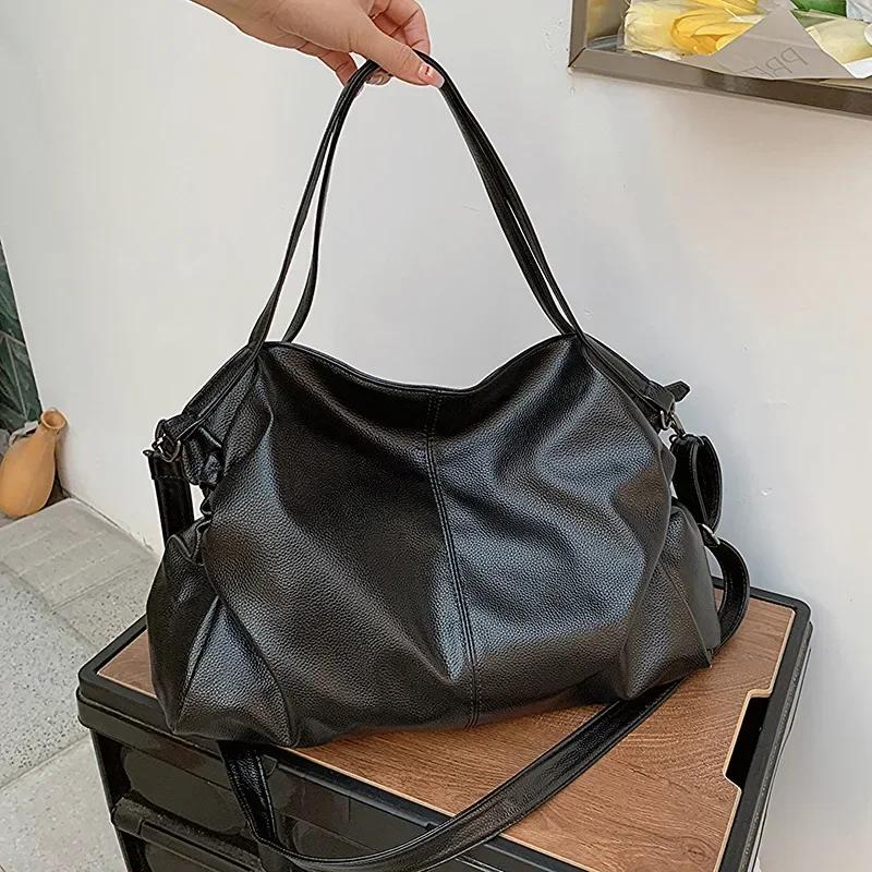 2026 Big Black Shoulder Bags for Women Large Hobo Shopper Bag Solid Color Quality Soft Leather Crossbody