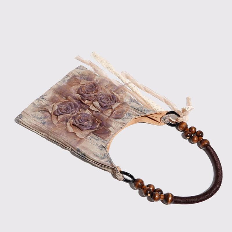 2026 Chinese Style Rose Decor Shoulder Bags Fashion Commuter Tote Bags Classic Pleated Handbags High