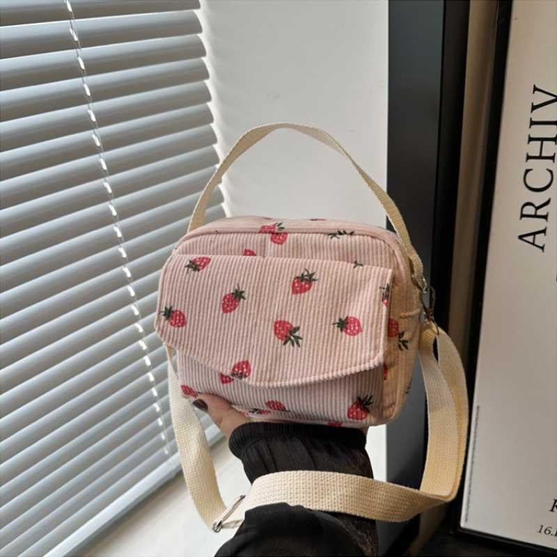 2026 Cute Strawberry Printing Women’s Shoulder Bag Large Capacity Corduroy Hobos Crossbody Bag Female