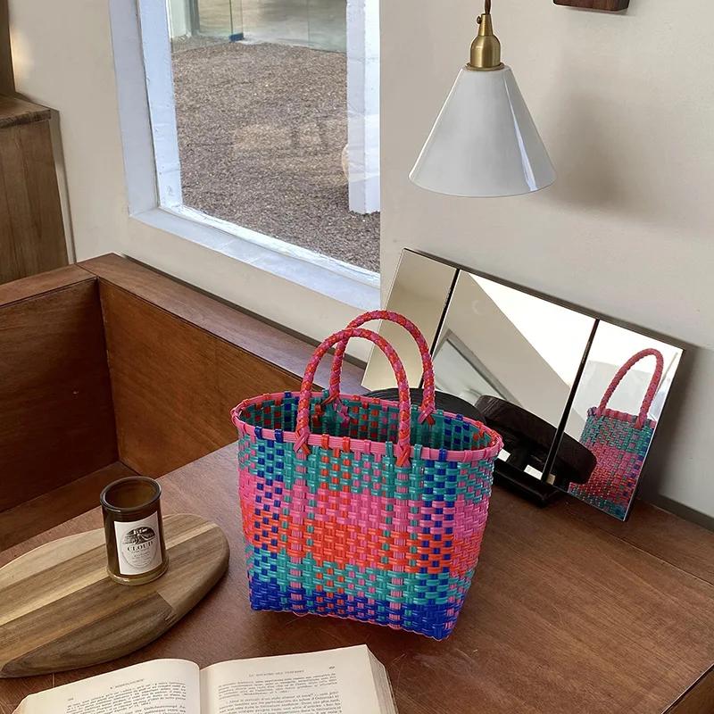 2026 2026 New Vegetable Basket Summer Fashion PVC Handbag Hand Woven Bag Patchwork Striped Tote Beach