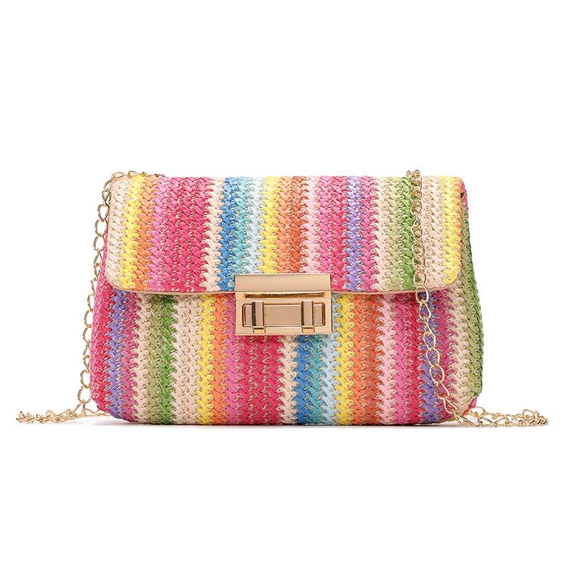 2026 2026 New Rainbow Stripe Straw Shoulder Crossbody Bag for Women Summer Beach Straw Bag with Chain