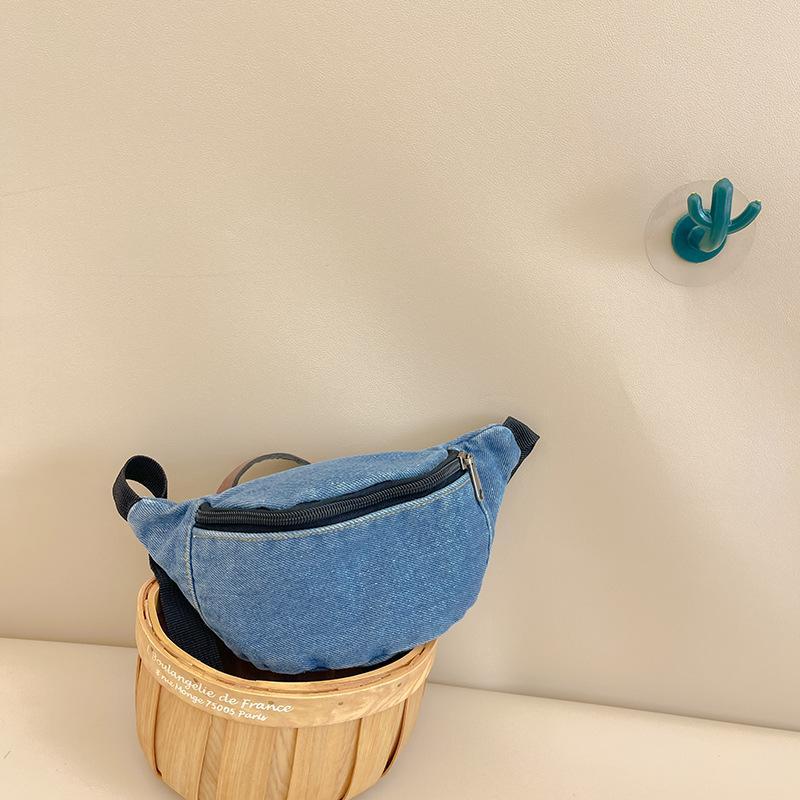 2026 Children's Denim Waist Bag Solid Fashion Zipped Kids Waist Pack Casual Outdoor Sport Bodycross Bag
