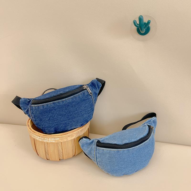 2026 Children's Denim Waist Bag Solid Fashion Zipped Kids Waist Pack Casual Outdoor Sport Bodycross Bag