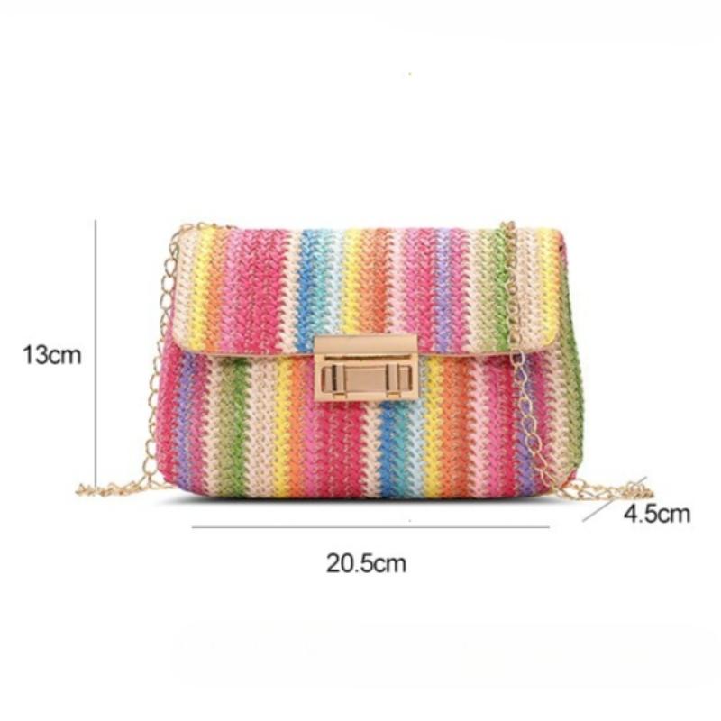 2026 2026 New Rainbow Stripe Straw Shoulder Crossbody Bag for Women Summer Beach Straw Bag with Chain