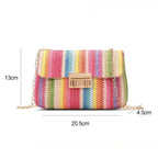 2026 2026 New Rainbow Stripe Straw Shoulder Crossbody Bag for Women Summer Beach Straw Bag with Chain