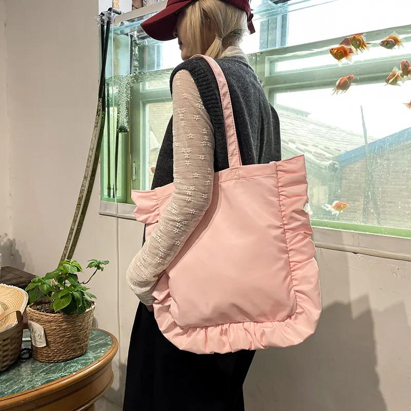 2026 Elegant Ruffled Shoulder Bag For Women Casual Sweet Female Handbag Solid Color Hobo Large Capacity