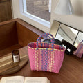 2026 2026 New Vegetable Basket Summer Fashion PVC Handbag Hand Woven Bag Patchwork Striped Tote Beach