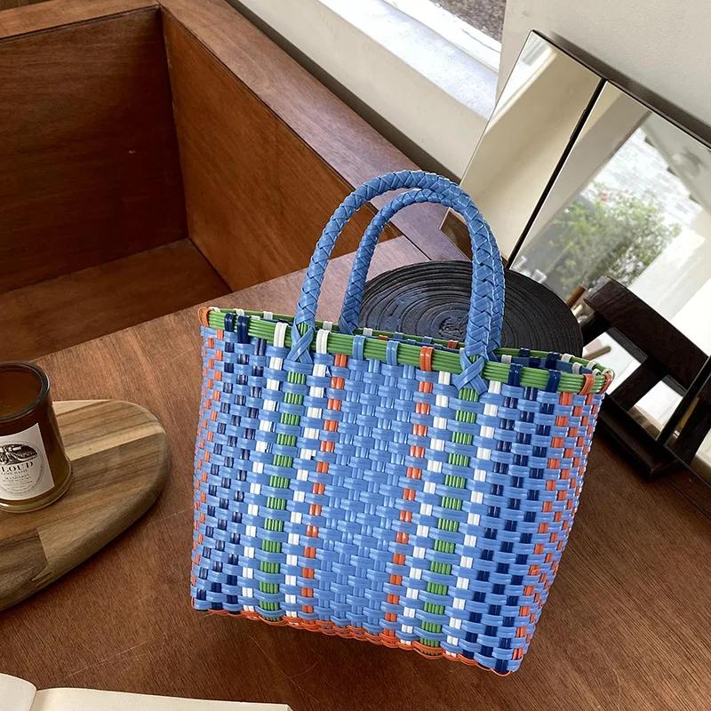 2026 2026 New Vegetable Basket Summer Fashion PVC Handbag Hand Woven Bag Patchwork Striped Tote Beach
