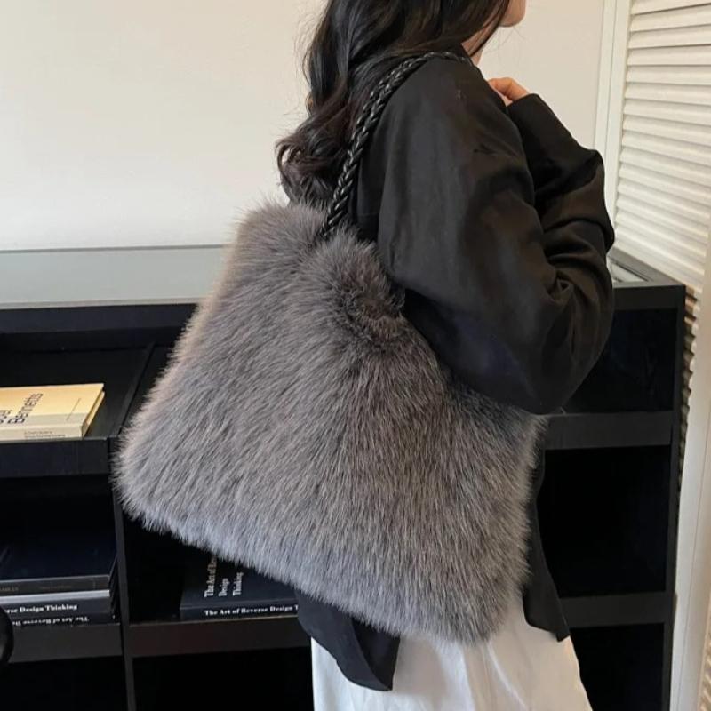 2026 Fashion Women Furry Shoulder Bag Large Capacity Tote Handle Bag for Autumn Winter Outing Commuter