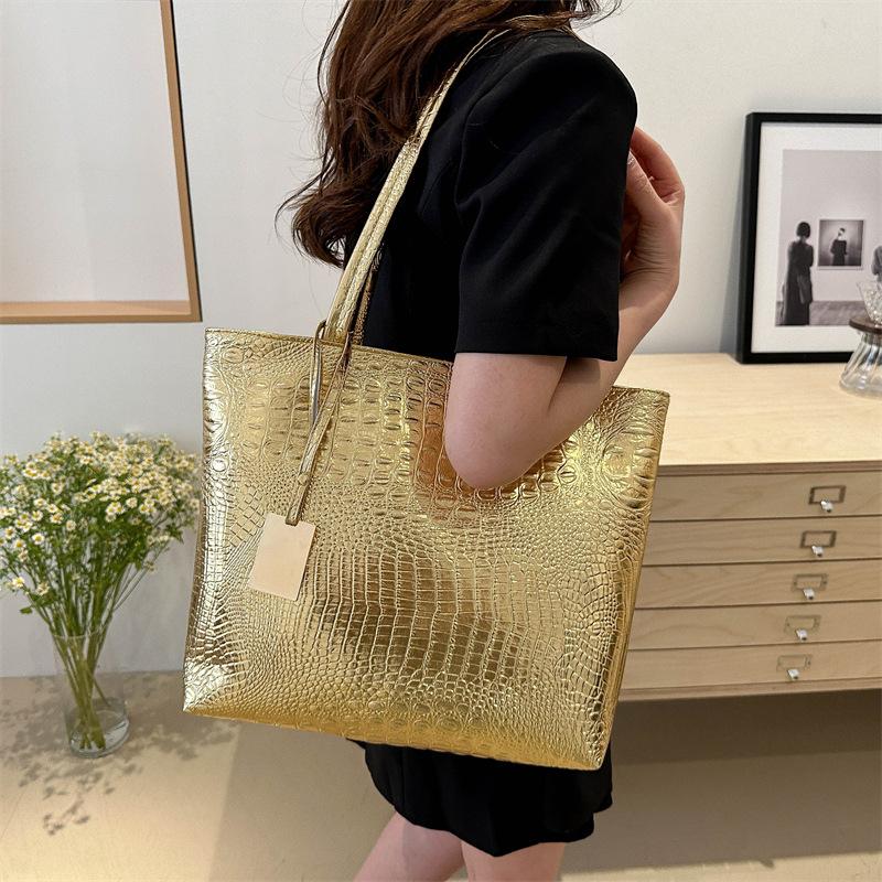 2026 Fashion Casual Women Shoulder Bags Silver Gold Black Crocodile Handbag PU Leather Female Big Tote