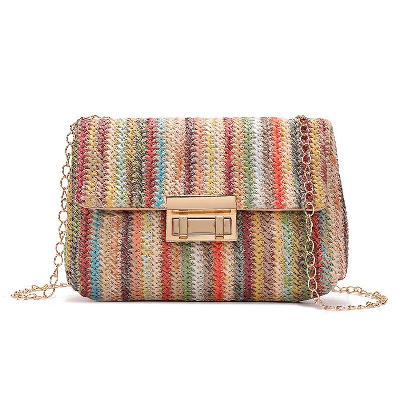 2026 2026 New Rainbow Stripe Straw Shoulder Crossbody Bag for Women Summer Beach Straw Bag with Chain