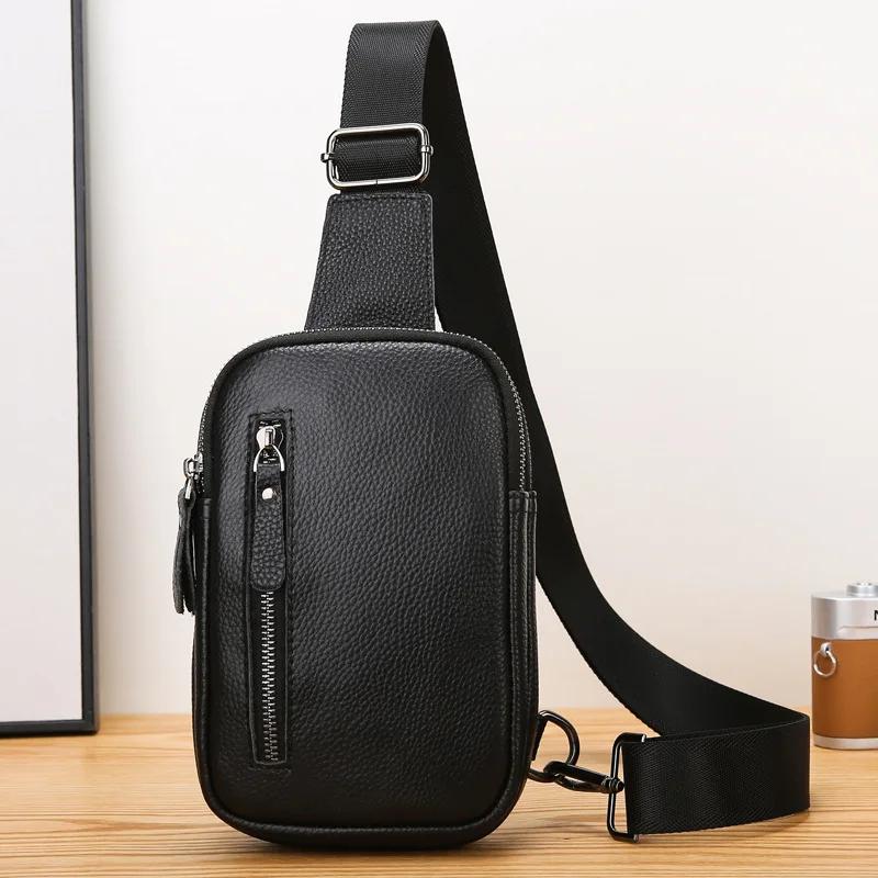 2026 Fashion Cowhide Chest Bag Men's Casual Travel Genuine Leather Shoulder Bag Small Messenger Bag for