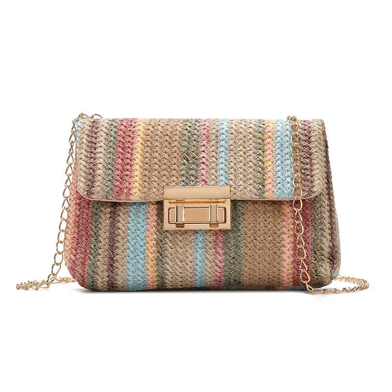 2026 2026 New Rainbow Stripe Straw Shoulder Crossbody Bag for Women Summer Beach Straw Bag with Chain