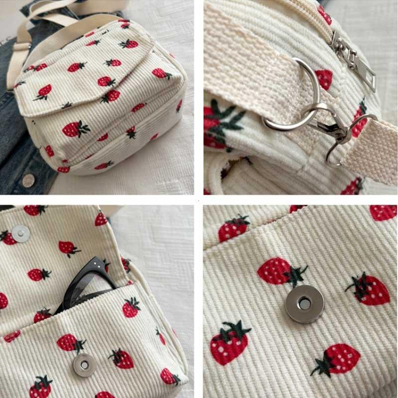 2026 Cute Strawberry Printing Women’s Shoulder Bag Large Capacity Corduroy Hobos Crossbody Bag Female