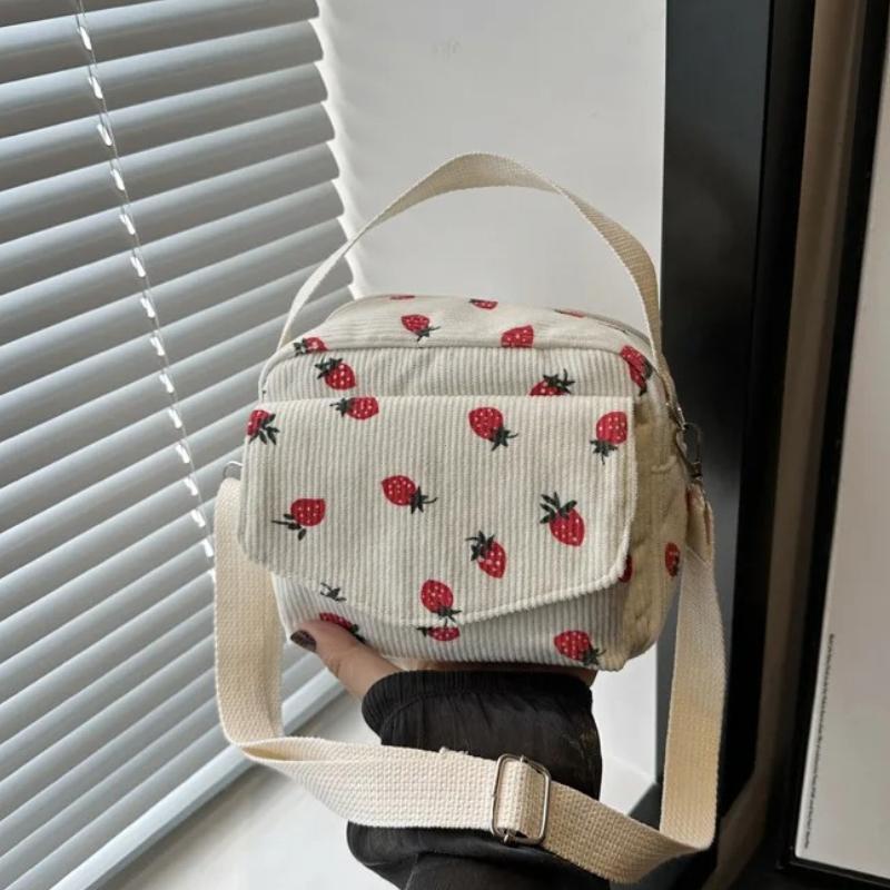 2026 Cute Strawberry Printing Women’s Shoulder Bag Large Capacity Corduroy Hobos Crossbody Bag Female