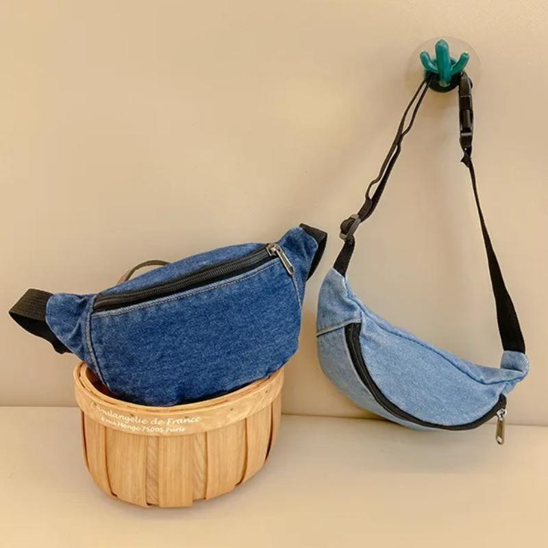2026 Children's Denim Waist Bag Solid Fashion Zipped Kids Waist Pack Casual Outdoor Sport Bodycross Bag