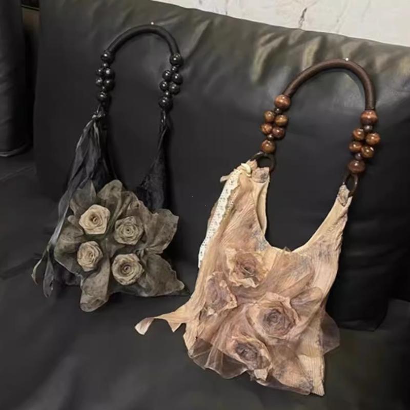 2026 Chinese Style Rose Decor Shoulder Bags Fashion Commuter Tote Bags Classic Pleated Handbags High