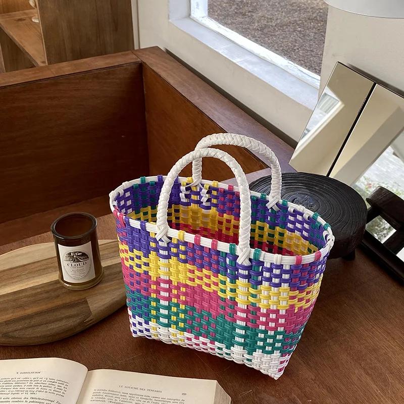 2026 2026 New Vegetable Basket Summer Fashion PVC Handbag Hand Woven Bag Patchwork Striped Tote Beach