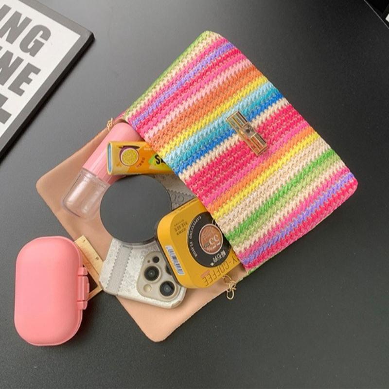 2026 2026 New Rainbow Stripe Straw Shoulder Crossbody Bag for Women Summer Beach Straw Bag with Chain