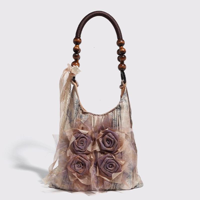 2026 Chinese Style Rose Decor Shoulder Bags Fashion Commuter Tote Bags Classic Pleated Handbags High