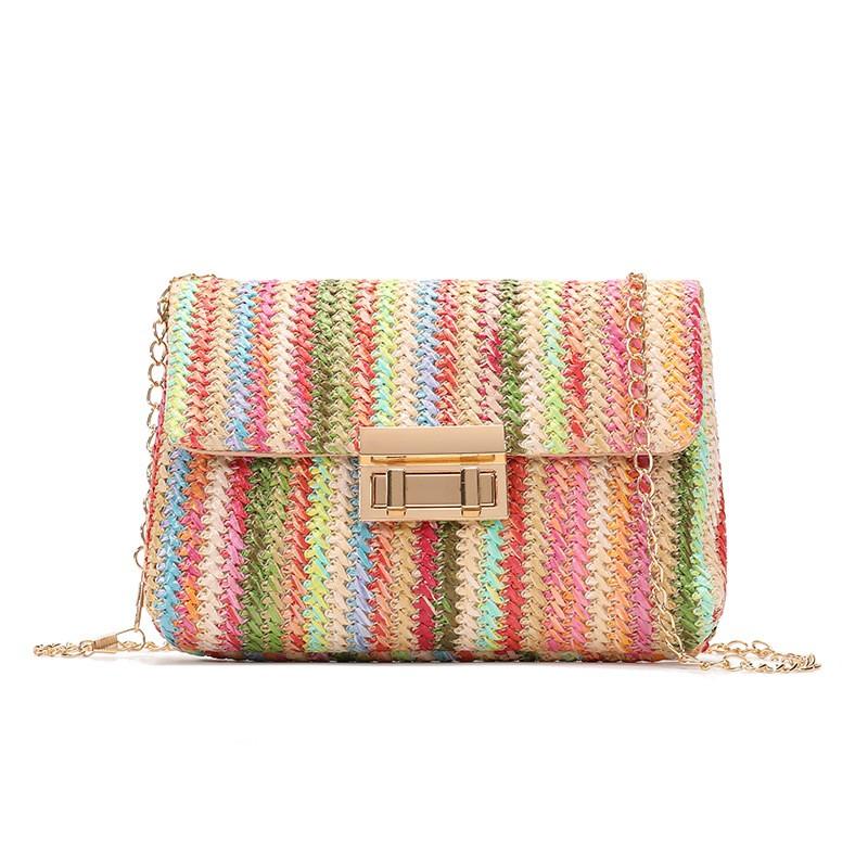 2026 2026 New Rainbow Stripe Straw Shoulder Crossbody Bag for Women Summer Beach Straw Bag with Chain