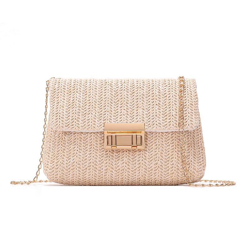 2026 2026 New Rainbow Stripe Straw Shoulder Crossbody Bag for Women Summer Beach Straw Bag with Chain
