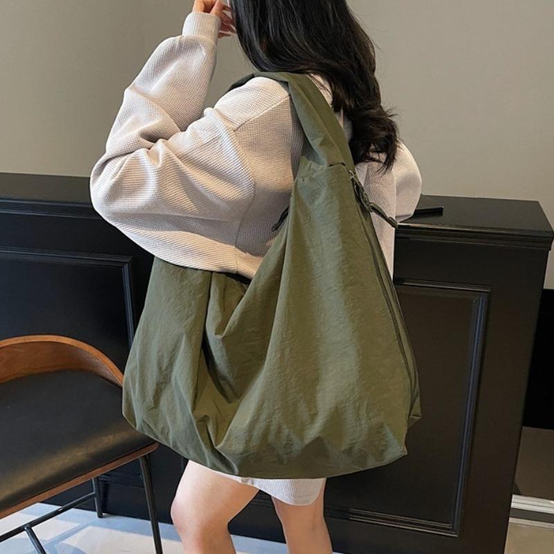 2026 Chic Solid Color Nylon Tote Bag with Multiple Zipper Pockets, Large Capacity Casual Shoulder Bag for