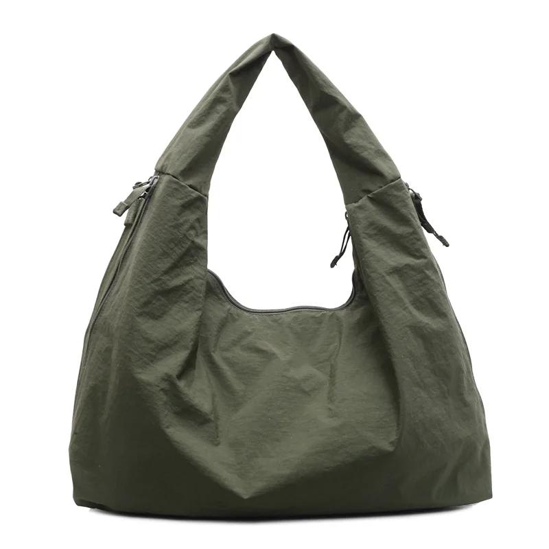 2026 Chic Solid Color Nylon Tote Bag with Multiple Zipper Pockets, Large Capacity Casual Shoulder Bag for
