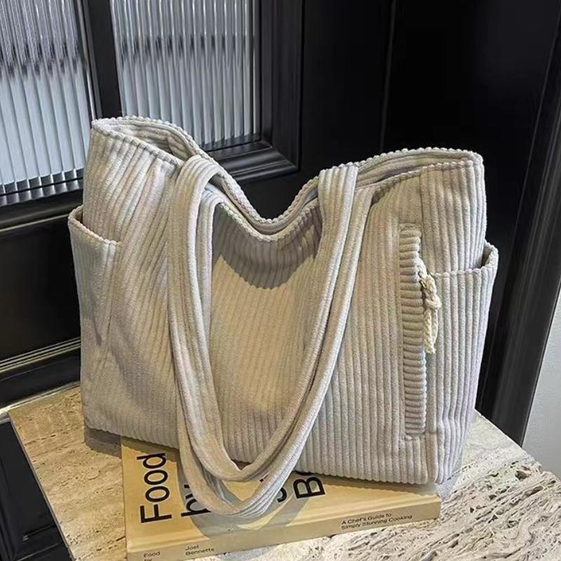 2026 Durable Soft Corduroy Tote Bag Multi Pockets Zipper Closure Commute Handbag Casual Large Capacity