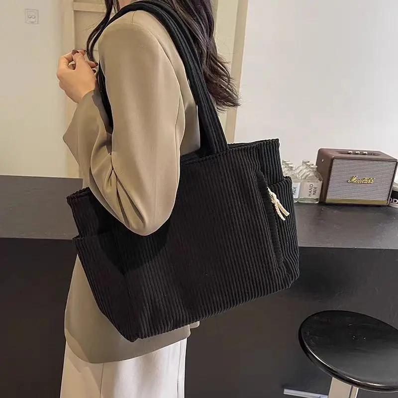 2026 Durable Soft Corduroy Tote Bag Multi Pockets Zipper Closure Commute Handbag Casual Large Capacity